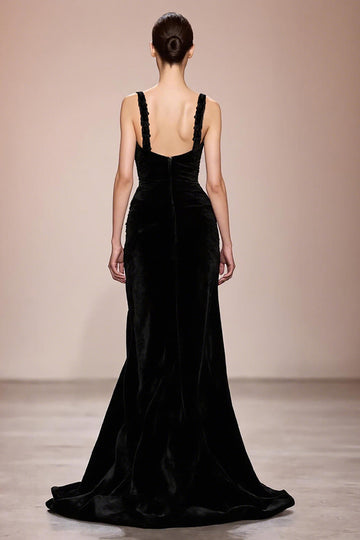Black A Line Velvet Backless Long Formal Dress with Slit